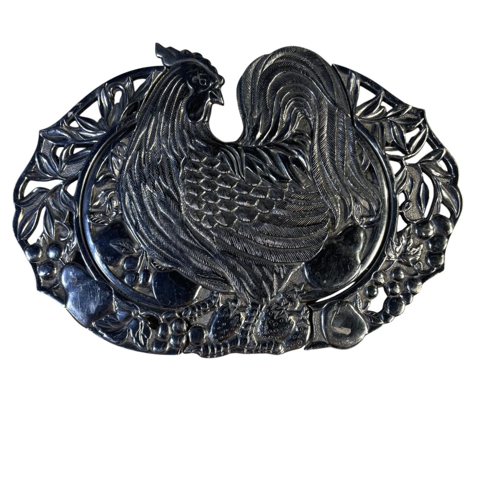 Lenox Williamsburg Rooster Expandable Metal Trivet Silver Tone Fruit Design